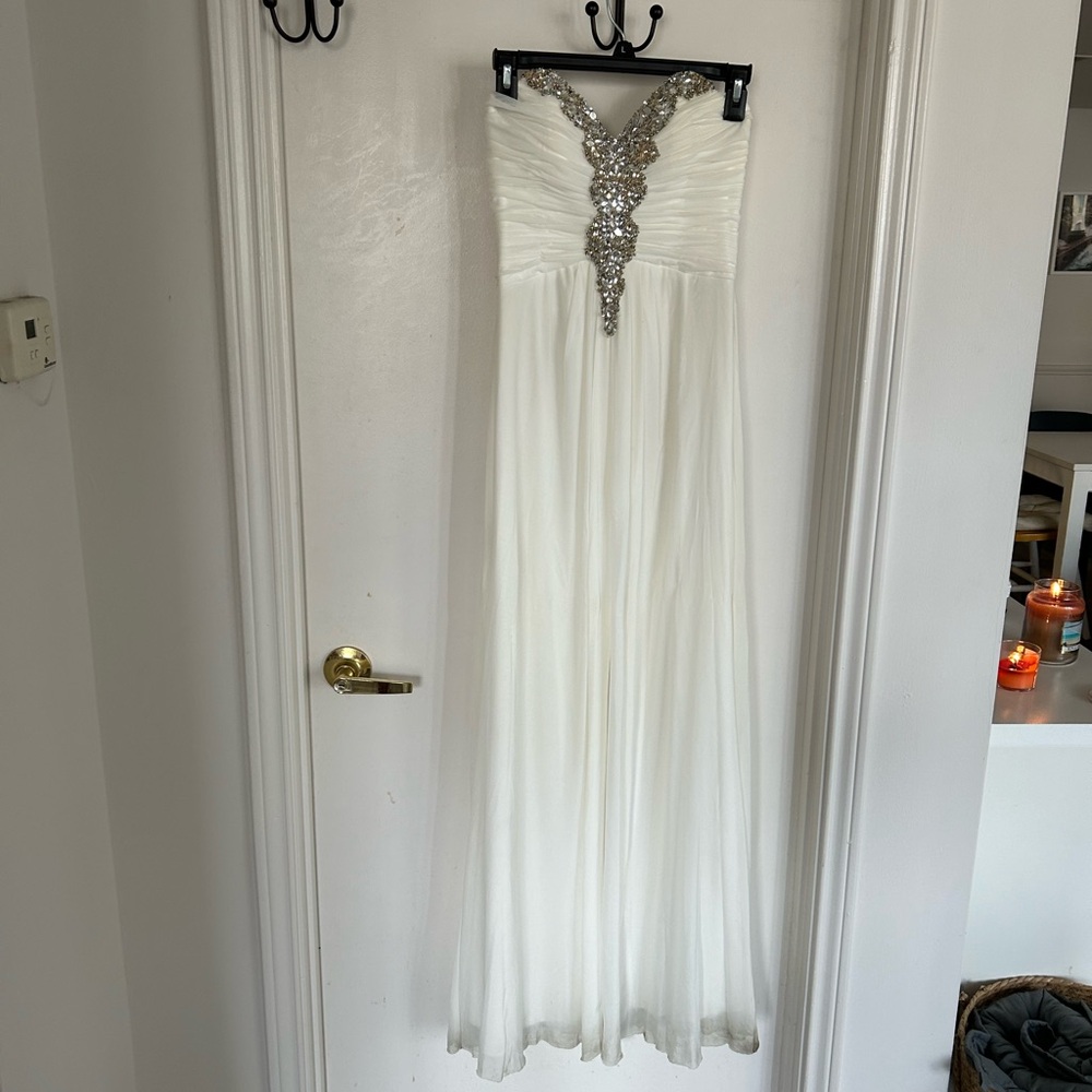 White Beaded Strapless Prom Dress